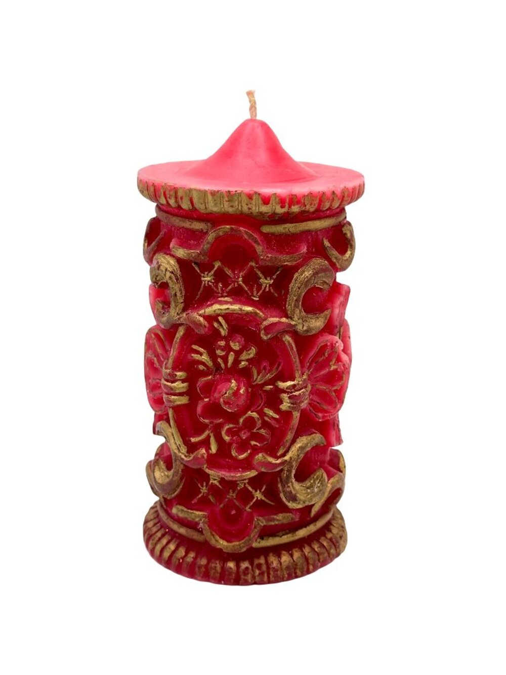 Red & Gold Floral Carved Christmas Candle Decorative Holiday 7.5" Tall Festive